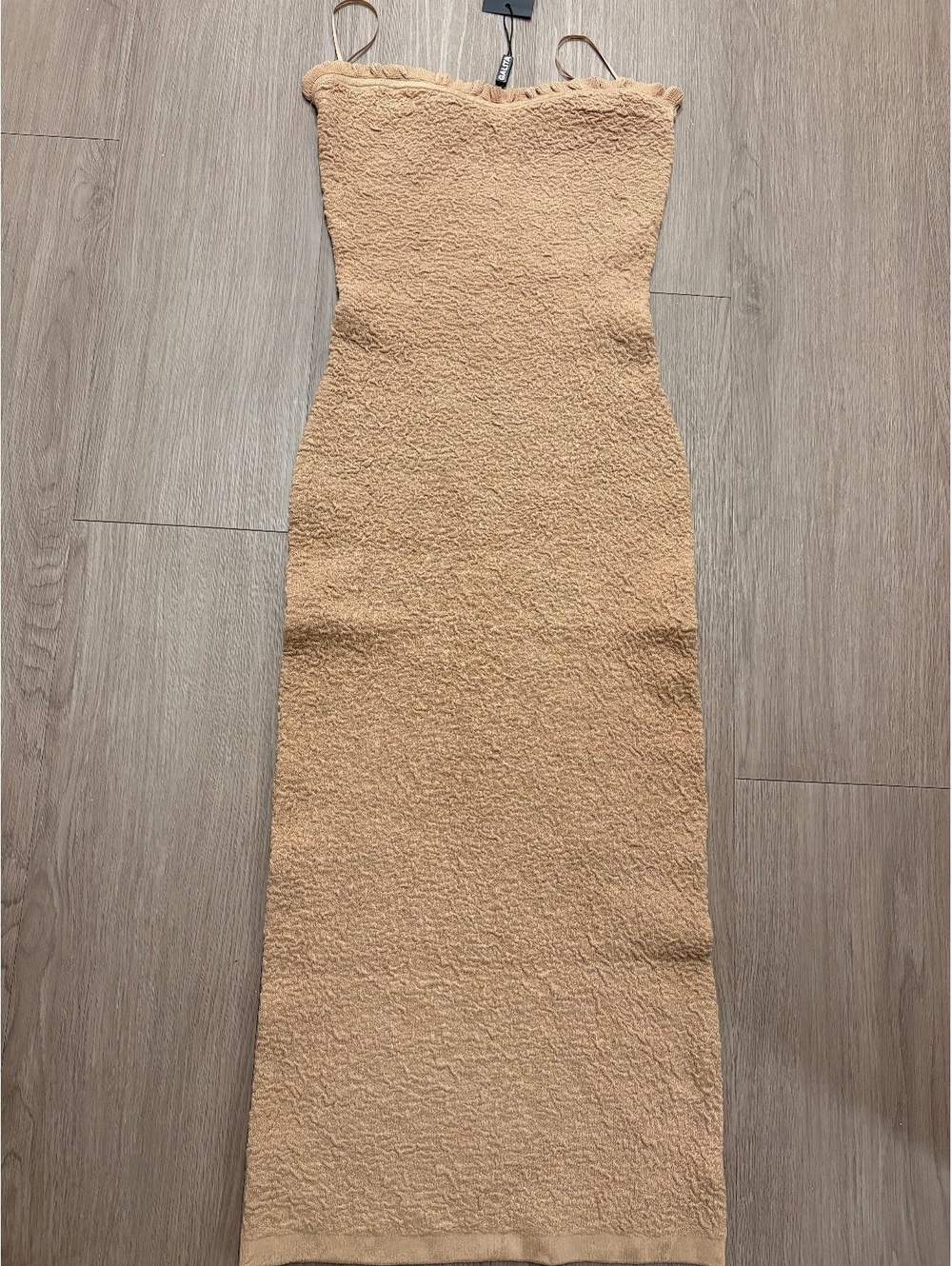 Galita Beige Textured Strapless Midi Dress with Ruffle Detail